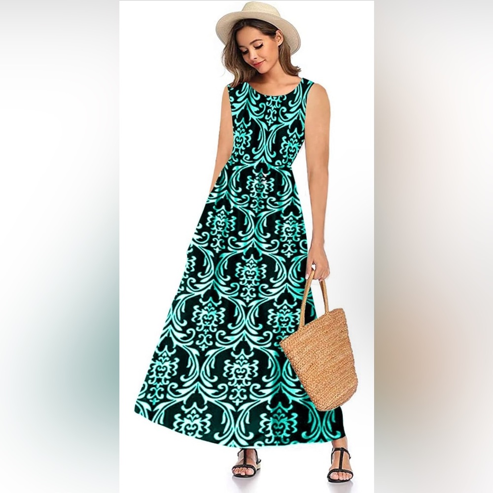 S449. SMALL Women's Sleeveless Loose Plain Casual Maxi Long Dresses with Pockets